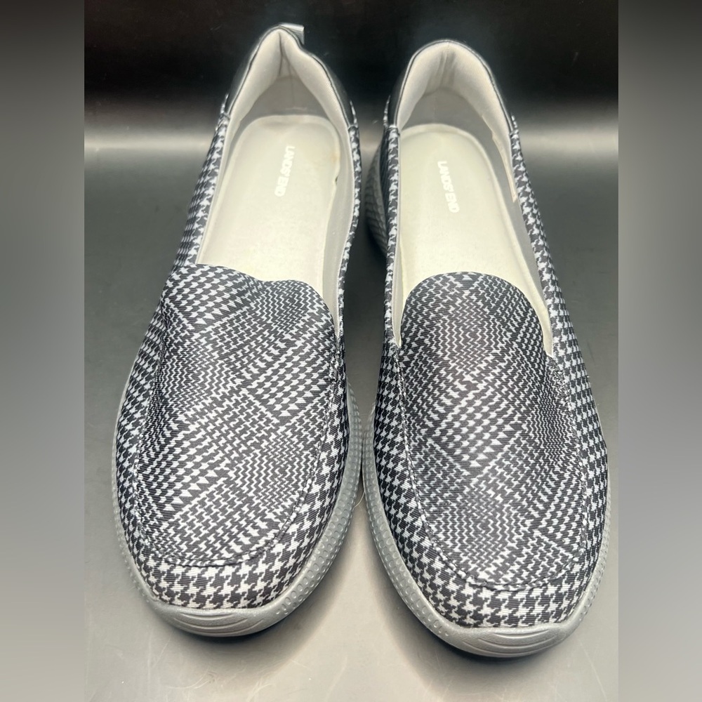 Lands' End- Gatas- Womens Black/Grey Houndstooth‎ Slip-On Loafers, Size:9-1/2D